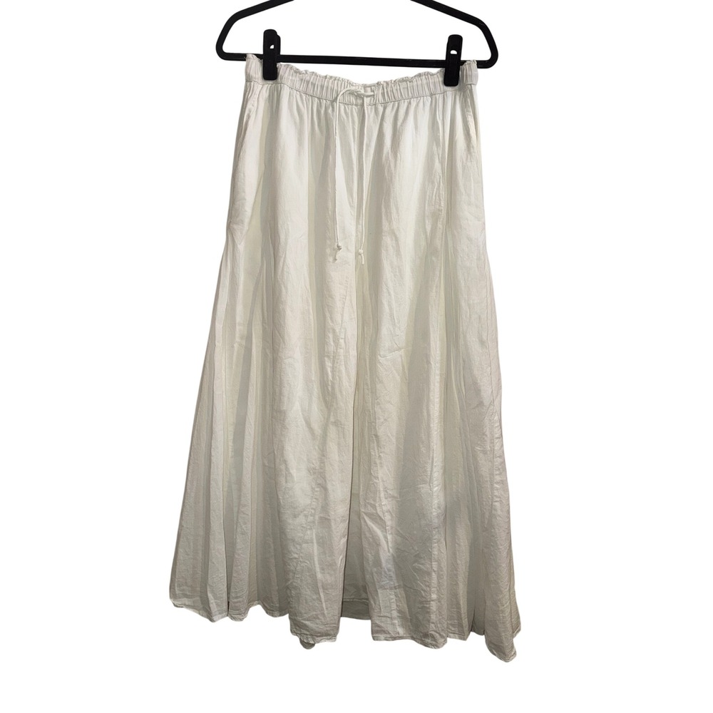 Garnet Hill White Organic Cotton Maxi Skirt Elastic Waist Drawstring Pockets S